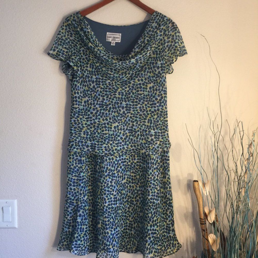 Karin Stevens Petite Tiered Chiffon Dress Teal Print 8P